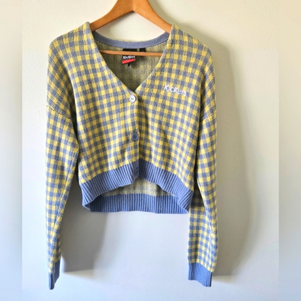 Kickers blue and yellow checkered cardigan/jumper